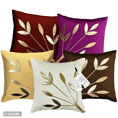 indoAmor Silk Cushion Cover, Golden Leaves Floral Design (Multicolour, 16x16 Inches) Set of 5 Covers