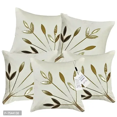 indoAmor Silk Cushion Cover, Golden Leaves Floral Design (White, 16x16 Inches) Set of 5 Covers