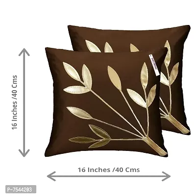 indoAmor Silk Cushion Covers, Leaves Pattern (16X16 Inches, Brown) Set of 7 Covers-thumb3