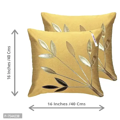 indoAmor Silk Cushion Cover, Golden Leaves Floral Design (Fawn, 16x16 Inches) Set of 5 Covers-thumb2