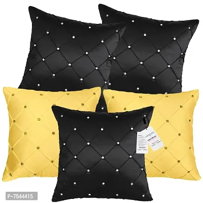 indoAmor Pintex Crystal Stone Work Satin Throw/Pillow Cushion Covers (16x16 Inches, Black Golden) - Set of 5 Covers