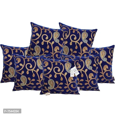 indoAmor Paisley Sequine Embroidery Velvet Cushion Covers (Blue, 16x16 Inches)- Set of 7 Covers