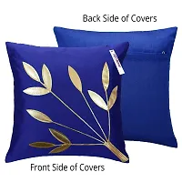 indoAmor Silk Cushion Cover, Golden Leaves Design (Blue and Beige, 16x16 Inches) Set of 5 Covers-thumb2
