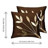 indoAmor Silk Cushion Cover, Golden Leaves Floral Design (Coffee Brown, 16x16 Inches) Set of 5 Covers-thumb1