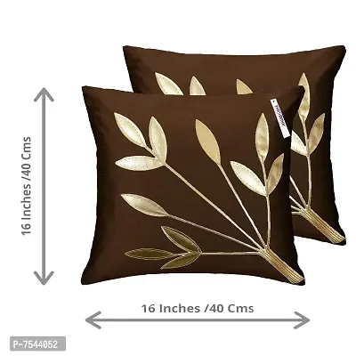 indoAmor Silk Cushion Cover, Golden Leaves Floral Design (Coffee Brown, 16x16 Inches) Set of 5 Covers-thumb2