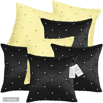 indoAmor Pintex Crystal Stone Work Satin Throw/Pillow Cushion Covers (16x16 Inches, Black Fawn) - Set of 7 Covers