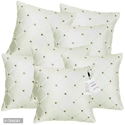 indoAmor Pintex Crystal Stone Work Satin Throw/Pillow Cushion Covers (16x16 Inches, Off-White) - Set of 7 Covers