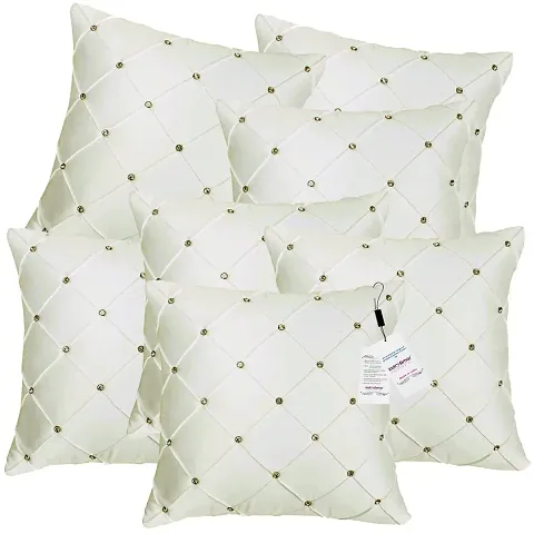 indoAmor Pintex Crystal Stone Work Satin Throw/Pillow Cushion Covers (16x16 Inches) - Set of 7 Covers