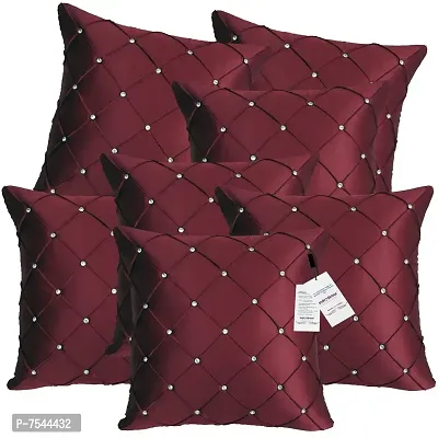 indoAmor Pintex Crystal Stone Work Satin Throw/Pillow Cushion Covers (16x16 Inches, Maroon) - Set of 7 Covers