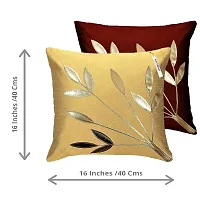 indoAmor Silk Cushion Cover, Golden Leaves Design (Maroon and Beige, 16x16 Inches) Set of 5 Covers-thumb1