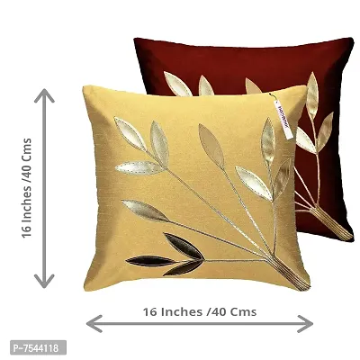 indoAmor Silk Cushion Cover, Golden Leaves Design (Maroon and Beige, 16x16 Inches) Set of 5 Covers-thumb2