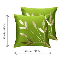 indoAmor Silk Cushion Cover, Golden Leaves Floral Design (Green, 16x16 Inches) Set of 5 Covers-thumb1