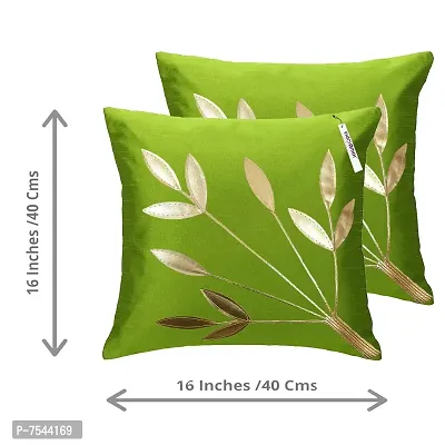 indoAmor Silk Cushion Cover, Golden Leaves Floral Design (Green, 16x16 Inches) Set of 5 Covers-thumb2