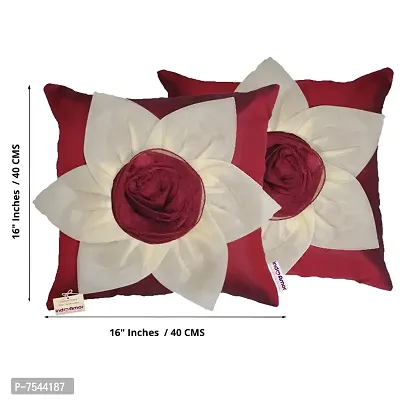 indoAmor Flower Silk Cushion Cover (Maroon and Beige, 16x16 Inches) - Set of 5 Pieces-thumb2