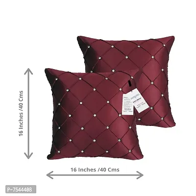 indoAmor Pintex Crystal Stone Work Satin Throw/Pillow Cushion Covers (16x16 Inches, Maroon) - Set of 5 Covers-thumb2