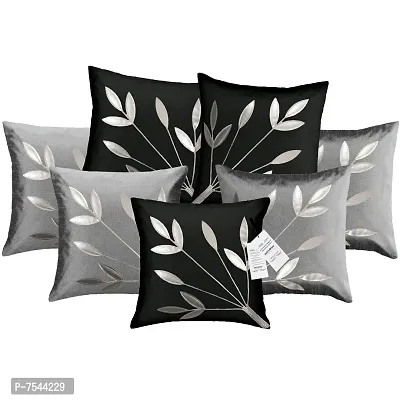 indoAmor Silk Cushion Covers, Leaves Pattern (16X16 Inches, Grey Black) Set of 7 Covers