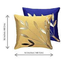 indoAmor Silk Cushion Cover, Golden Leaves Design (Blue and Beige, 16x16 Inches) Set of 5 Covers-thumb1