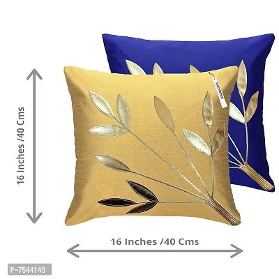 indoAmor Silk Cushion Cover, Golden Leaves Design (Blue and Beige, 16x16 Inches) Set of 5 Covers-thumb2