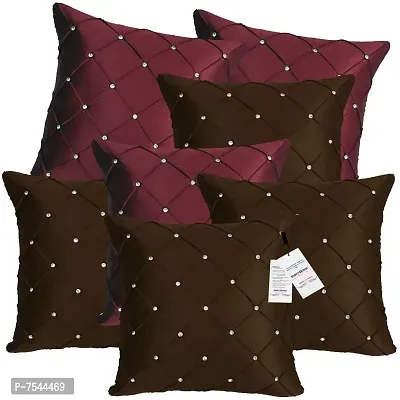 indoAmor Pintex Crystal Stone Work Satin Throw/Pillow Cushion Covers (16x16 Inches, Maroon Brown) - Set of 7 Covers