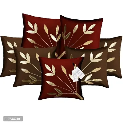indoAmor Silk Cushion Covers, Leaves Pattern (16X16 Inches, Brown Maroon) Set of 7 Covers