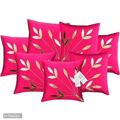 indoAmor Silk Cushion Covers, Leaves Pattern (16X16 Inches, Pink) Set of 7 Covers