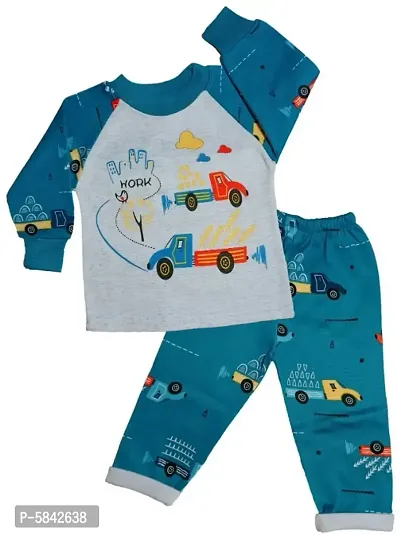 Kids Round Neck T-Shirt With Pyjama (Bluecar)-thumb0