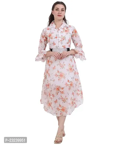 Fashion Insta Polyester Long Dress Printed Frock for Women (Whte Printed Orange, XL)