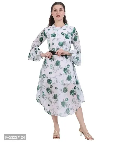 Fashion Insta Polyester Long Dress Printed Frock for Women (White Printed Green, XL)
