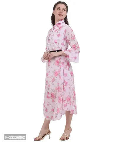 Fashion Insta Polyester Long Dress Printed Frock for Women (White Printed Pink, M)-thumb3