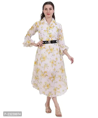 Fashion Insta Polyester Long Dress Printed Frock for Women (White Printed Yellow, XL)