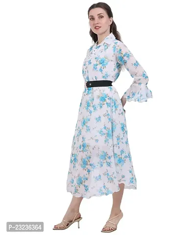 Fashion Insta Polyester Long Dress Printed Frock for Women (White Printed SkyBlue, M)-thumb3