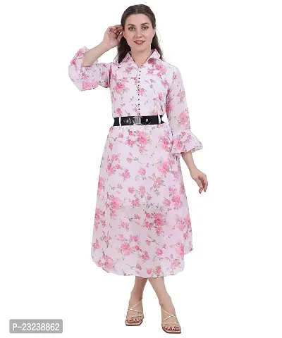 Fashion Insta Polyester Long Dress Printed Frock for Women (White Printed Pink, M)