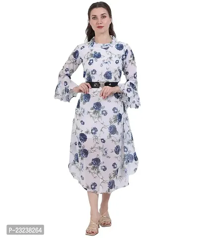 Fashion Insta Polyester Long Dress Printed Frock for Women (White Printed Blue, XL)