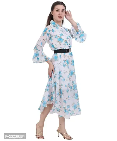 Fashion Insta Polyester Long Dress Printed Frock for Women (White Printed SkyBlue, M)-thumb2