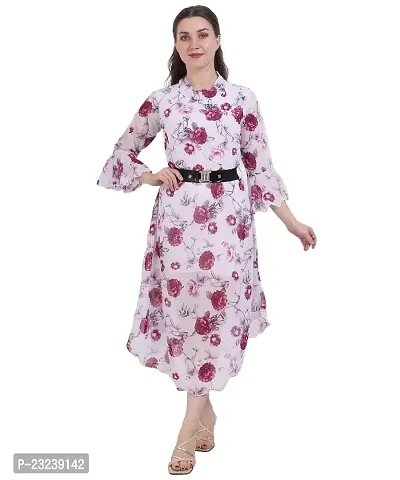 Fashion Insta Polyester Long Dress Printed Frock for Women (White Printed Red, XL)