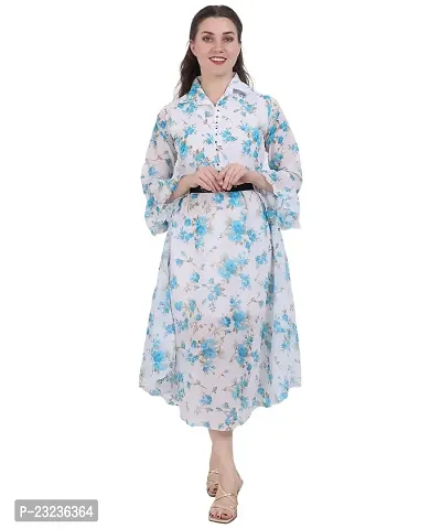 Fashion Insta Polyester Long Dress Printed Frock for Women (White Printed SkyBlue, M)
