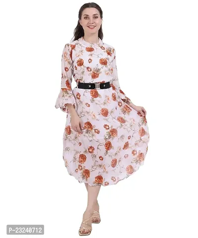 Fashion Insta Polyester Long Dress Printed Frock for Women (White Printed Brown, XL)