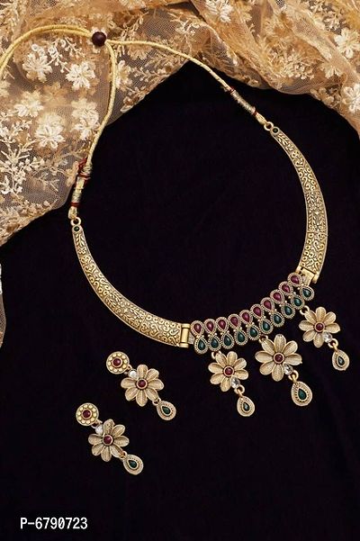 Traditional Gold Plated Necklace with Earrings-thumb3