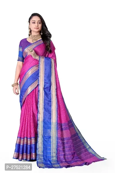 Beautiful Pink Cotton Silk Woven Design Saree with Blouse Piece For Women-thumb0