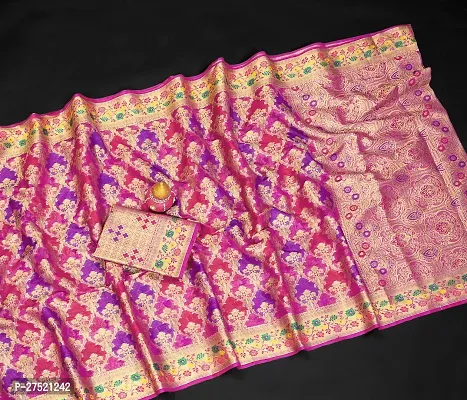 Beautiful Pink Organza Jacquard Saree with Blouse Piece For Women-thumb0