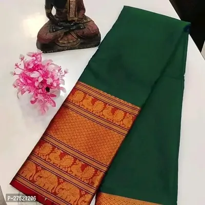 Beautiful Green Cotton Jacquard Saree with Blouse Piece For Women-thumb0