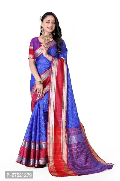 Beautiful Blue Cotton Silk Woven Design Saree with Blouse Piece For Women-thumb0