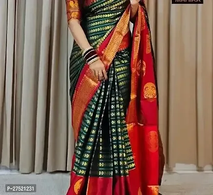 Beautiful Green Cotton Silk Jacquard Saree with Blouse Piece For Women-thumb0