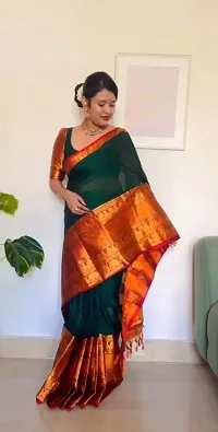 Beautiful Green Cotton Woven Design Saree with Blouse Piece For Women-thumb1