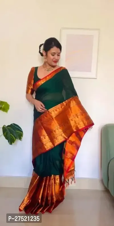 Beautiful Green Cotton Woven Design Saree with Blouse Piece For Women-thumb2