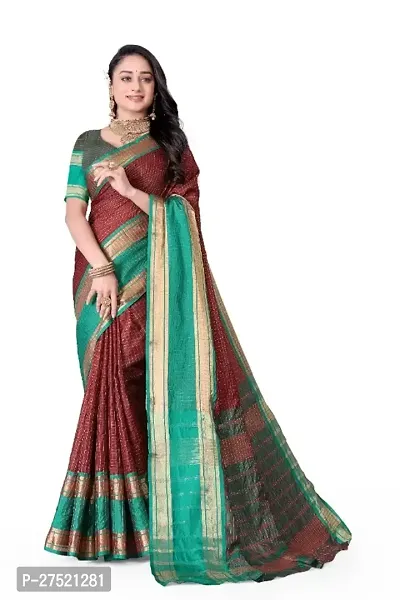 Beautiful Maroon Cotton Silk Woven Design Saree with Blouse Piece For Women-thumb0