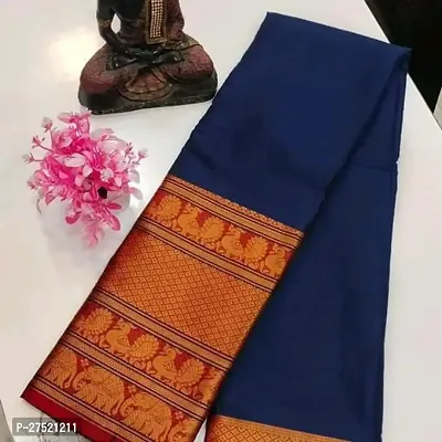 Beautiful Navy Blue Cotton Jacquard Saree with Blouse Piece For Women-thumb0