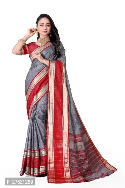 Beautiful Grey Cotton Silk Woven Design Saree with Blouse Piece For Women