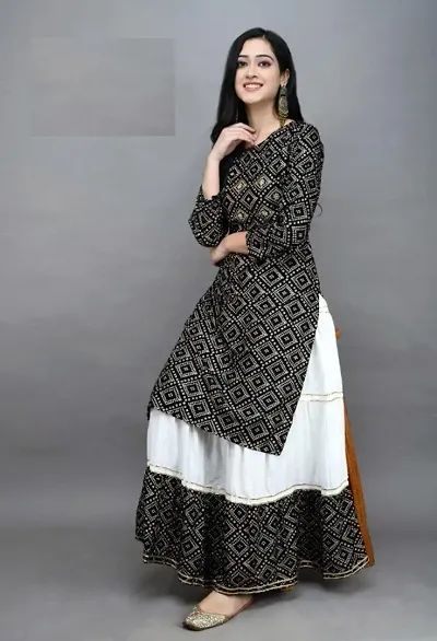 Alluring Rayon Printed Kurta Skirt Set