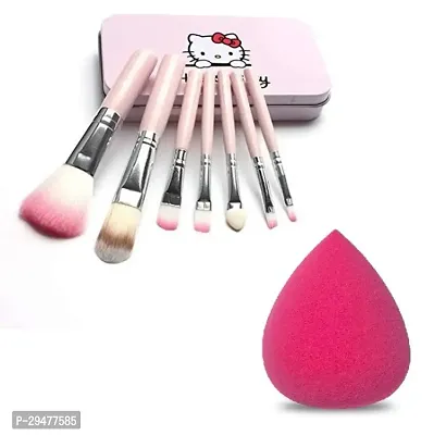 Hello Kitty Mini Brush Set- Pink, 7 Pieces and High Quality Blender Makeup Sponge 1 Piece-thumb0